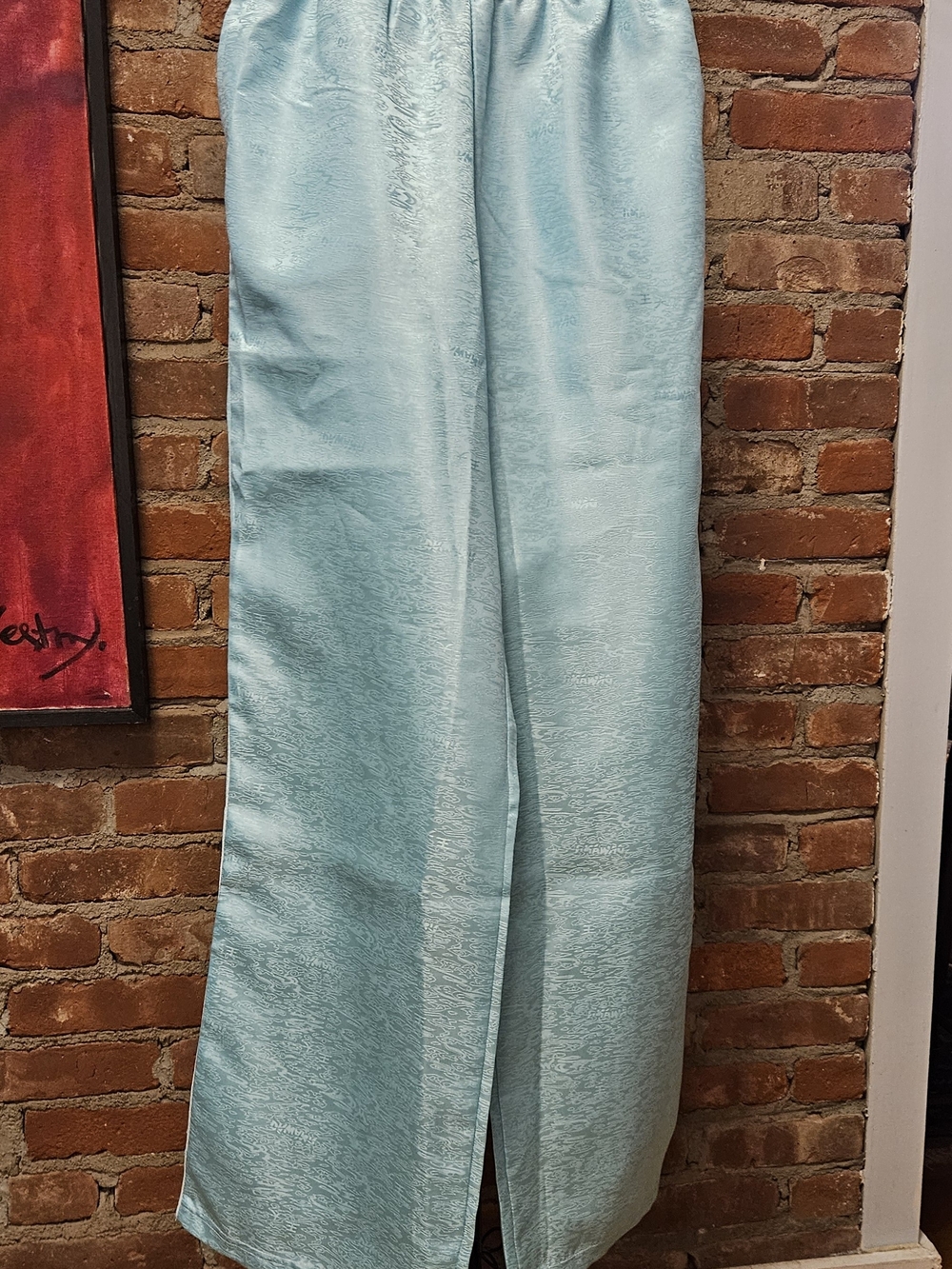 Modern Chinese Wide Leg Satin-Texture Pants  Light Aqua W White Piping Detail